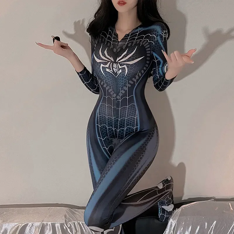 Anime Sexy Lingerie Erotic Underwear Spider Woman Uniform Temptation Chest Zipper Open Crotch Jumpsuit Cosplay Costumes thumbnail 5