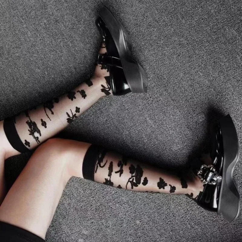 Summer Ultra-thin Transparent Nylon Long Socks Stockings Japanese Fashion Flower Knee Socks Vintage Crystal Silk Socks Stockings thumbnail 4