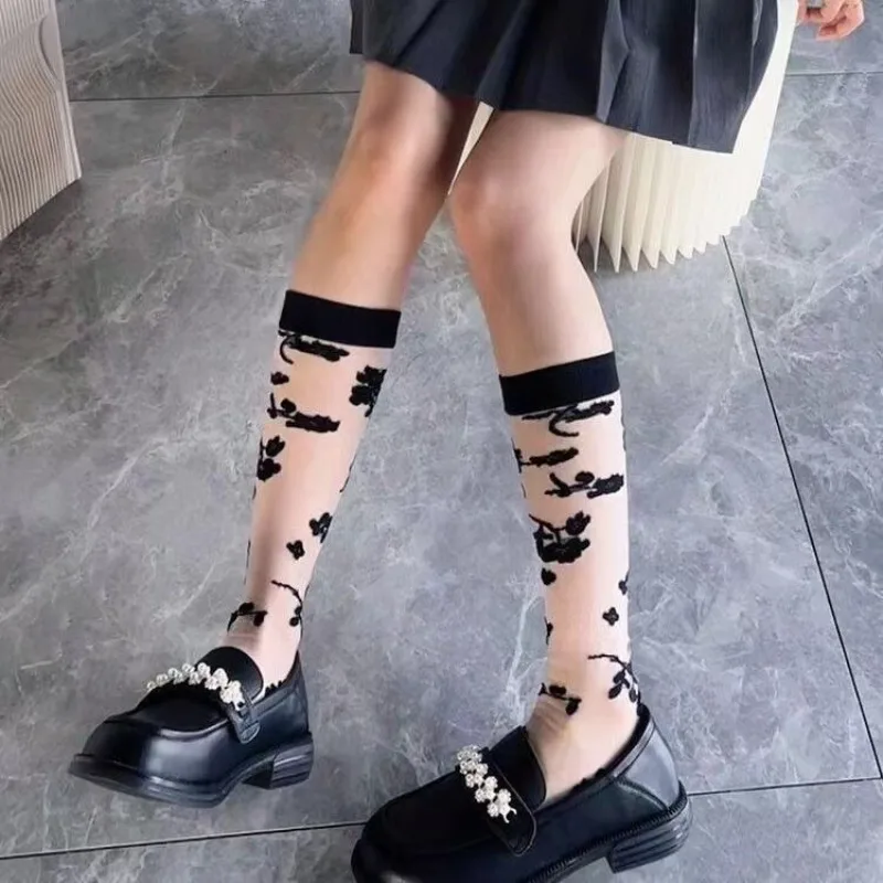 Summer Ultra-thin Transparent Nylon Long Socks Stockings Japanese Fashion Flower Knee Socks Vintage Crystal Silk Socks Stockings thumbnail 5