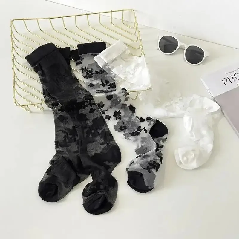 Summer Ultra-thin Transparent Nylon Long Socks Stockings Japanese Fashion Flower Knee Socks Vintage Crystal Silk Socks Stockings thumbnail 2