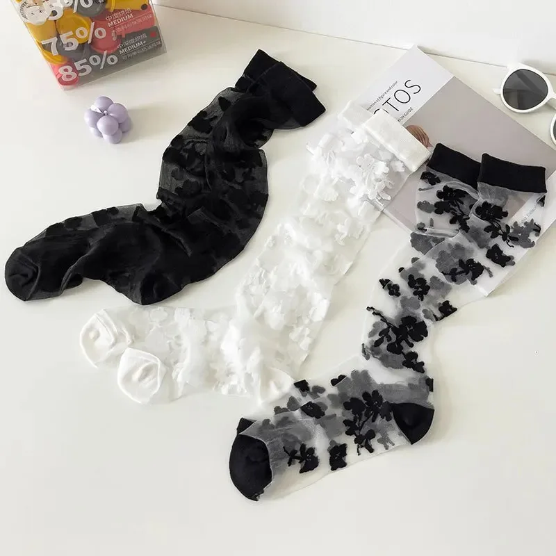 Summer Ultra-thin Transparent Nylon Long Socks Stockings Japanese Fashion Flower Knee Socks Vintage Crystal Silk Socks Stockings thumbnail 3