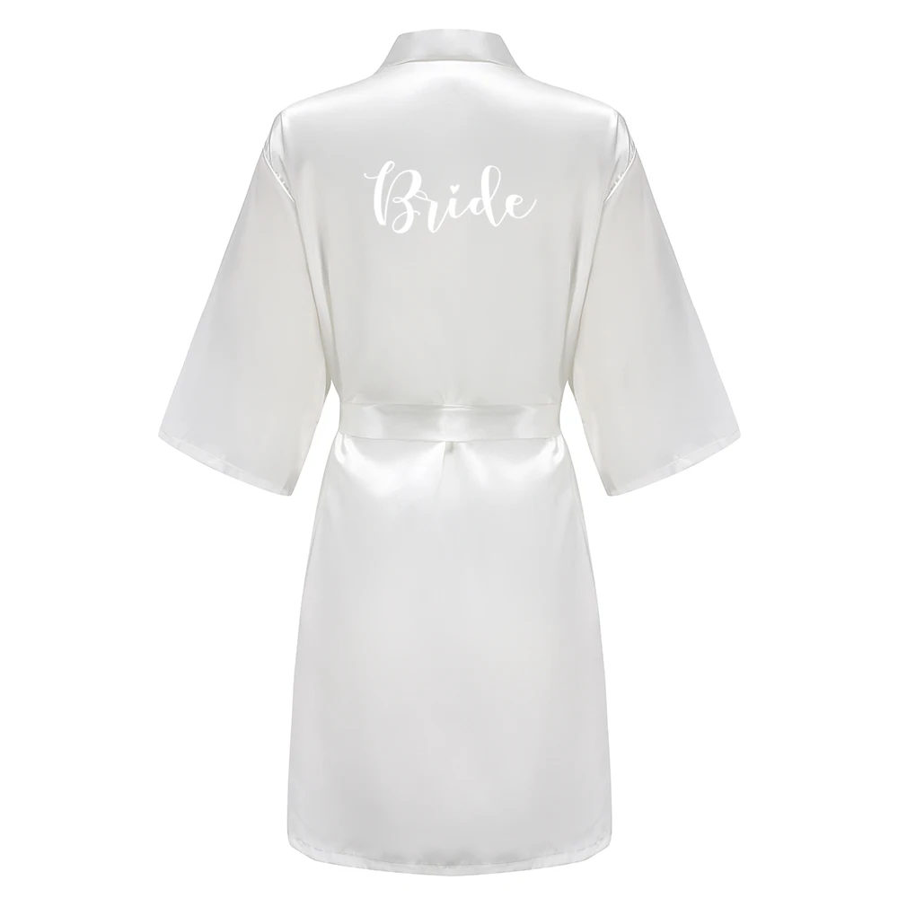 Women's Satin Kimono Robes With White Letter Bride Bridesmaid Short Getting Ready Wedding Dressing Gown thumbnail 2