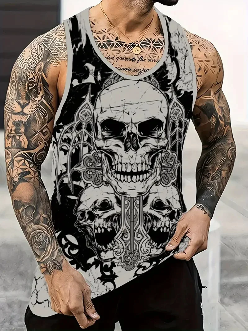 3D Skull Print Round Neck Summer Adult Men's Vest Clothing Basketball Sleeveless Outdoor Sports Gym Breathable Sleeveless Vest thumbnail 3