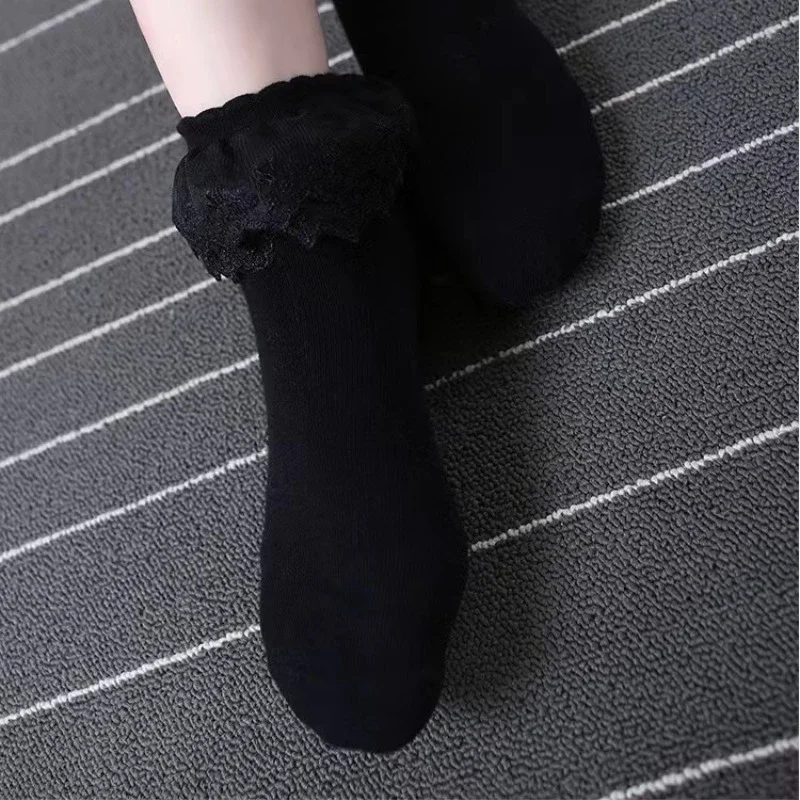 Lolita Women Harajuku Retro Lace Short Ankle Socks JK Frilly Ruffle Cotton Princess Girls Soft Wedding Dance White thumbnail 3