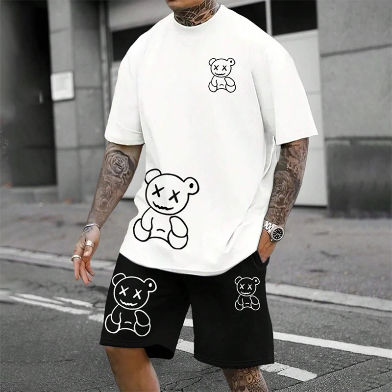 2024 Fun Bear Harajuku T-Shirt Men's Summer Loose Daily Couple Suit Outdoor Street Short Sleeve Shorts Two Piece Men Summer Suit thumbnail 3