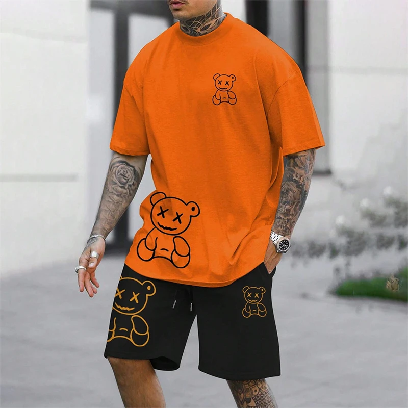 2024 Fun Bear Harajuku T-Shirt Men's Summer Loose Daily Couple Suit Outdoor Street Short Sleeve Shorts Two Piece Men Summer Suit thumbnail 2