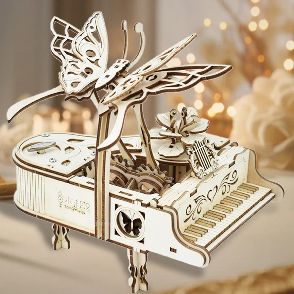 3D Wooden Puzzle Music Box Piano Model Kit DIY Assembly Musical Instrument Building Kits Home Decor Crafts Gift for Adults Kids thumbnail 2
