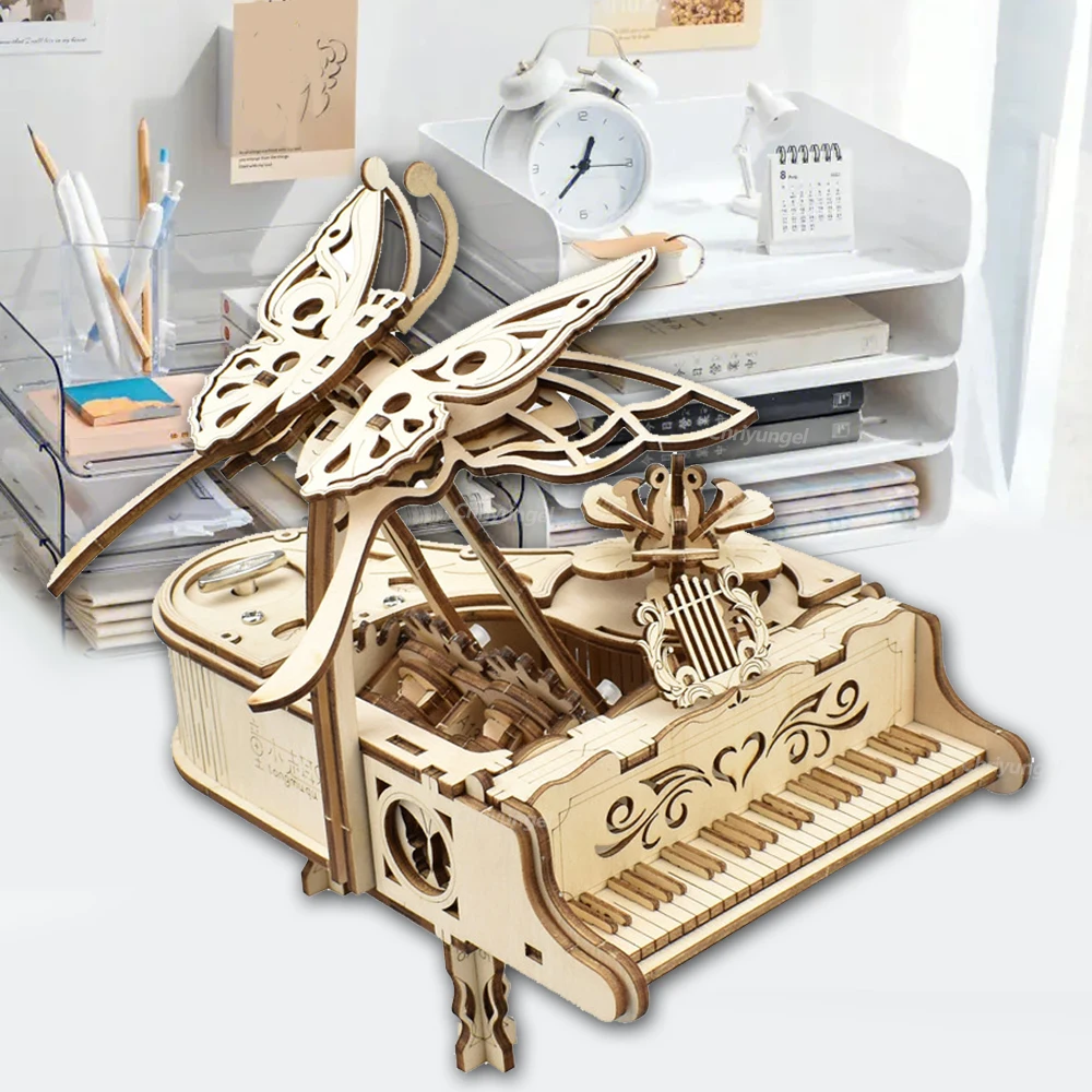 3D Wooden Puzzle Music Box Piano Model Kit DIY Assembly Musical Instrument Building Kits Home Decor Crafts Gift for Adults Kids thumbnail 3