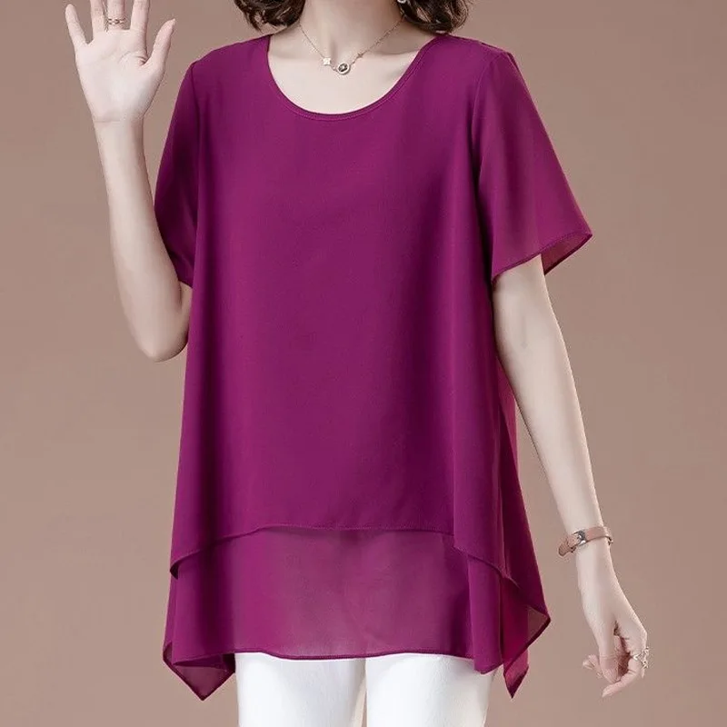 Summer New Chiffon Thin Irregular Shirt Tops Short Sleeve Solid Color Loose Temperament Blouse Fashion Elegant Women Clothing