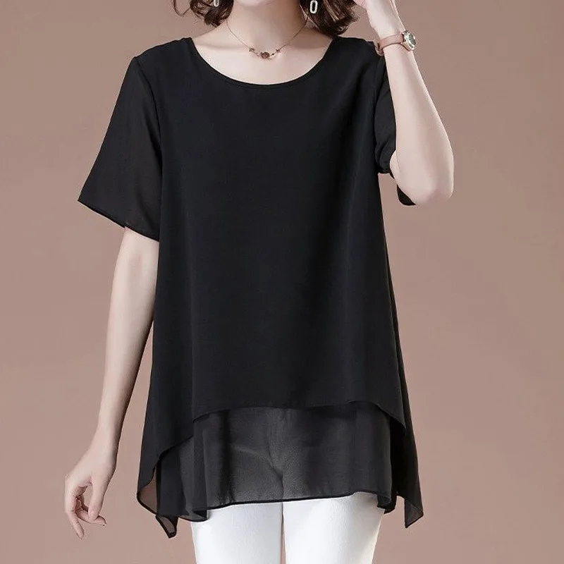 Summer New Chiffon Thin Irregular Shirt Tops Short Sleeve Solid Color Loose Temperament Blouse Fashion Elegant Women Clothing thumbnail 3