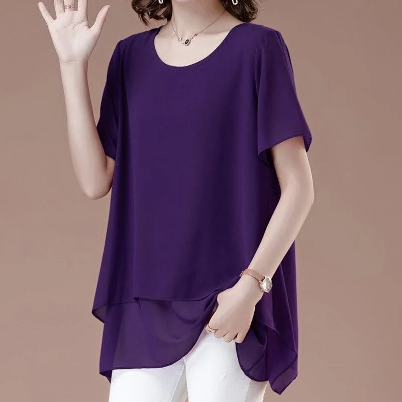 Summer New Chiffon Thin Irregular Shirt Tops Short Sleeve Solid Color Loose Temperament Blouse Fashion Elegant Women Clothing thumbnail 4
