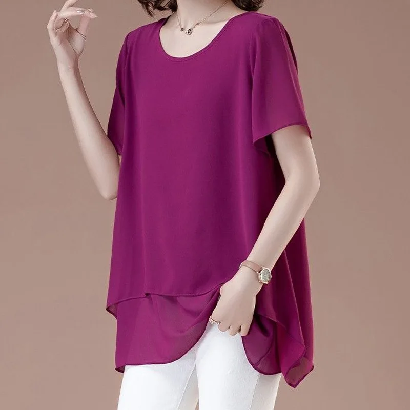 Summer New Chiffon Thin Irregular Shirt Tops Short Sleeve Solid Color Loose Temperament Blouse Fashion Elegant Women Clothing thumbnail 2