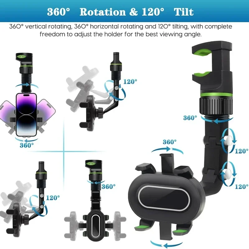 Rear View Mirror Car Phone Holder,360° Rotatable and Retractable mobile support, Fit All iPhone Android Mobile Phone & Most Car thumbnail 3