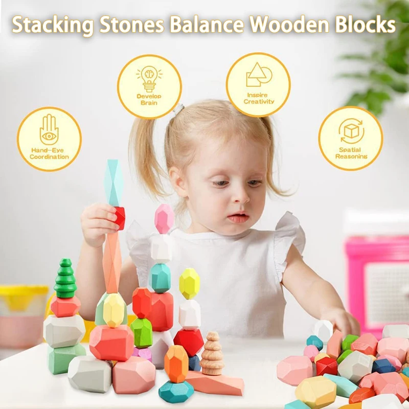Children Wooden Colored Stone Balanc Building Blocks Educational Toy Creative Nordic Style Stacking Game Rainbow Wooden Toy Gift thumbnail 2