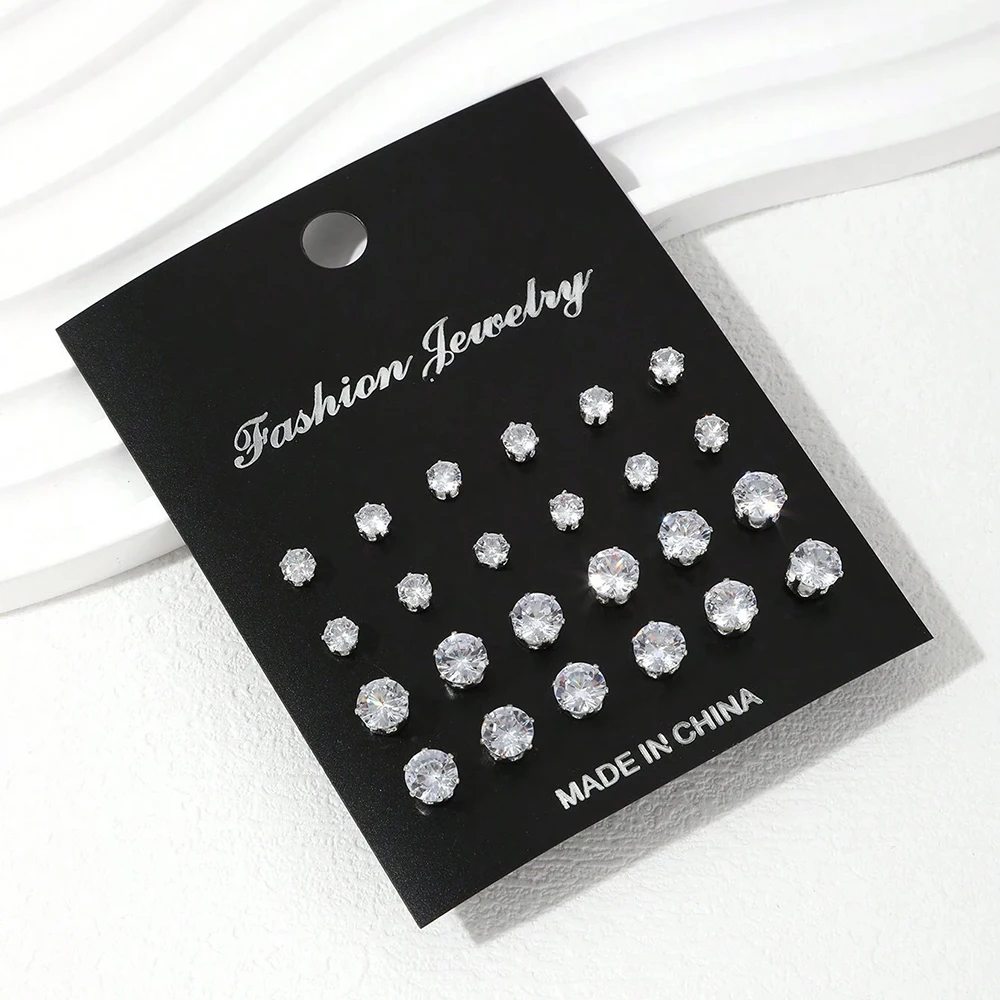 12/24/36 Pairs Shiny Zircon Stud Earrings Set for Women Men Daily Versatile Chic Silver Color Crystal Ear Jewelry Accessories thumbnail 3