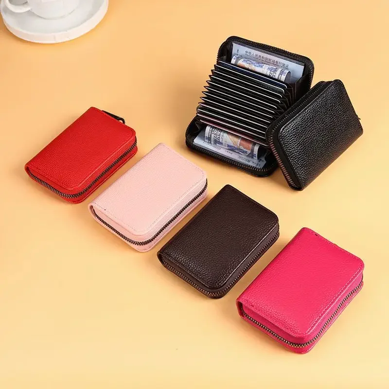 Multi Slot Card Holder Vintage Small Wallet Women Men Business Bank Credit Card Bag Male Coin Pouch Solid Leather Zipper Wallet thumbnail 3