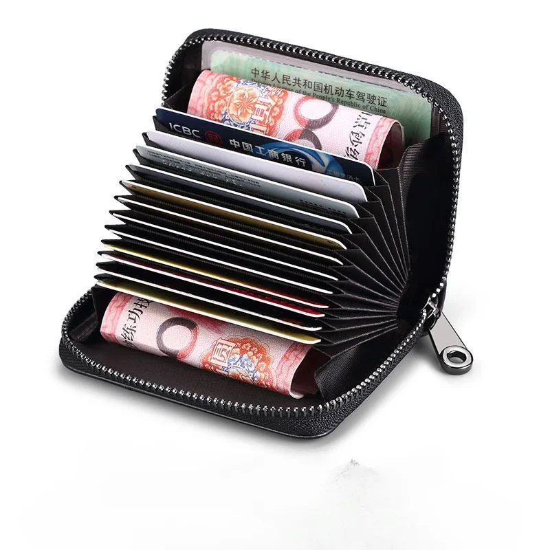 Multi Slot Card Holder Vintage Small Wallet Women Men Business Bank Credit Card Bag Male Coin Pouch Solid Leather Zipper Wallet thumbnail 5
