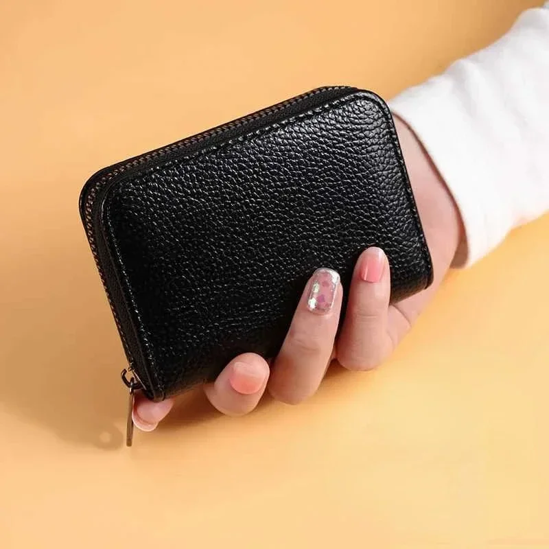 Multi Slot Card Holder Vintage Small Wallet Women Men Business Bank Credit Card Bag Male Coin Pouch Solid Leather Zipper Wallet thumbnail 4