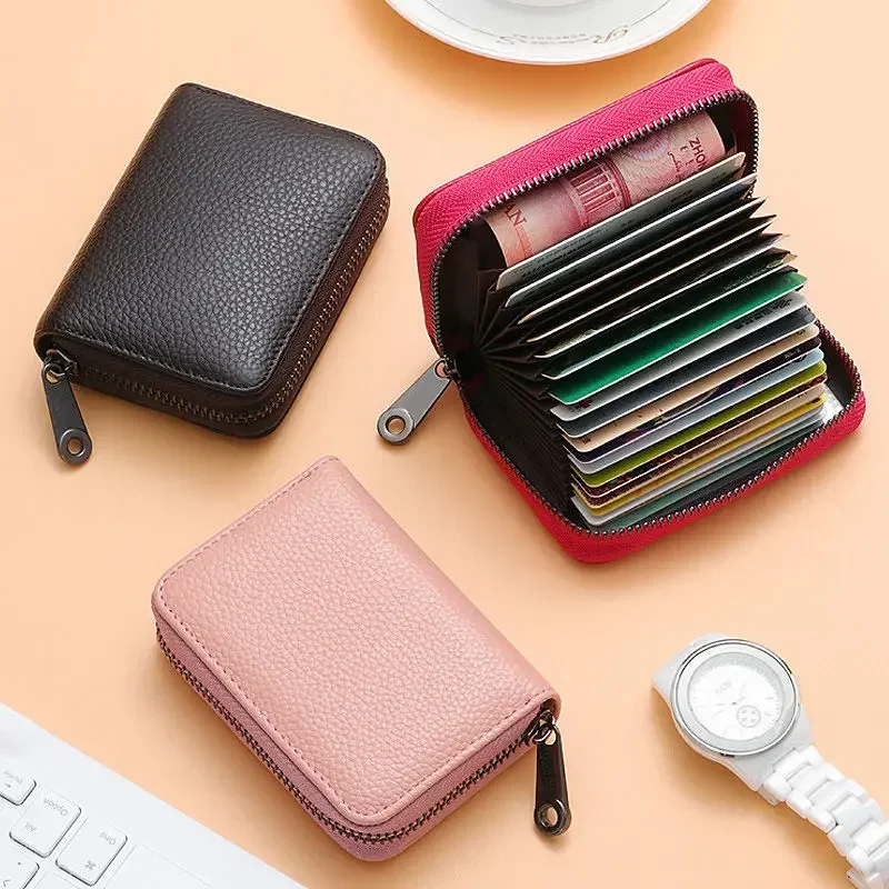 Multi Slot Card Holder Vintage Small Wallet Women Men Business Bank Credit Card Bag Male Coin Pouch Solid Leather Zipper Wallet thumbnail 2