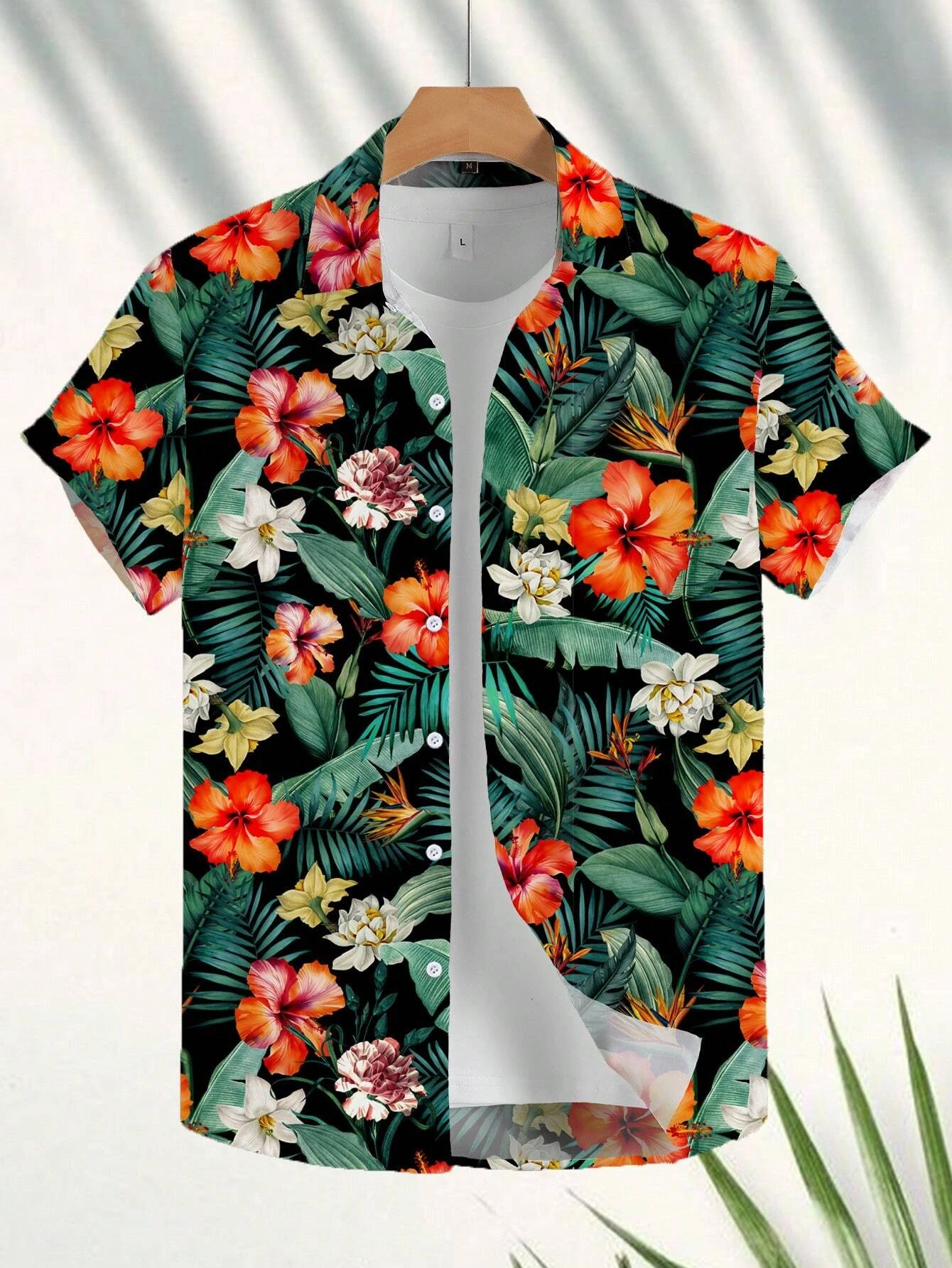 Coconut Tree Fresh Flower Pattern Men's Short-sleeved Button Lapel Shirt Summer Seaside Beach Vacation Hawaiian Style Shirt thumbnail 2