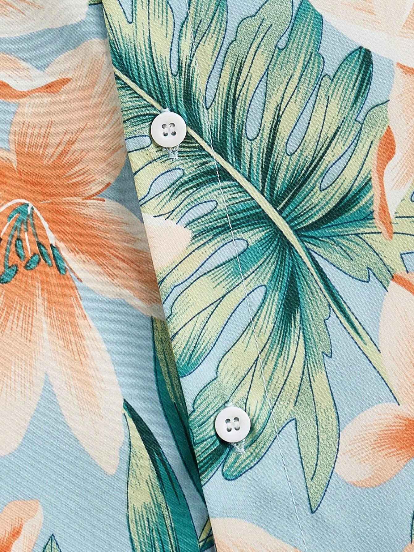 Coconut Tree Fresh Flower Pattern Men's Short-sleeved Button Lapel Shirt Summer Seaside Beach Vacation Hawaiian Style Shirt thumbnail 5