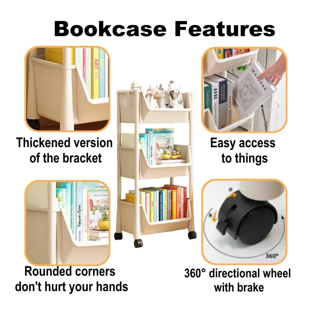 Children's Bookcases Rack Cart Home Toy Storage Reading Shelves Furniture With Wheels Removable Small Bookshelves With Wheels thumbnail 2