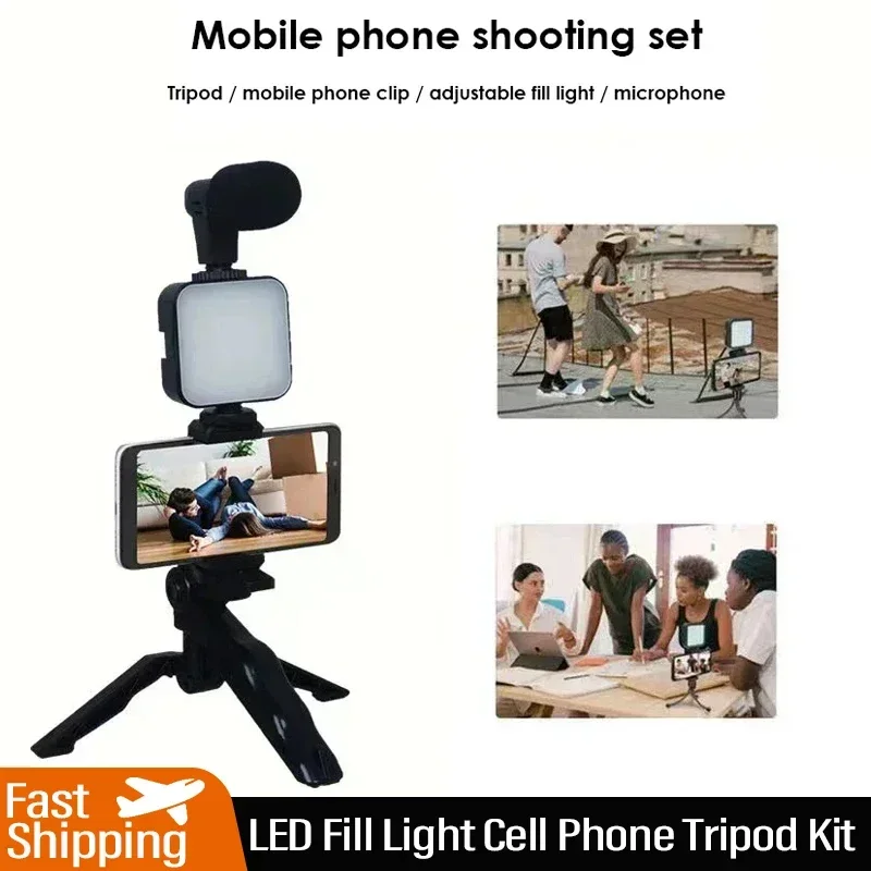 Smartphone Vlogging Kit With Tripod Phone Holder Mini Microphone LED Fill Light Starter For TikTok Live Stream Video YouTube thumbnail 3