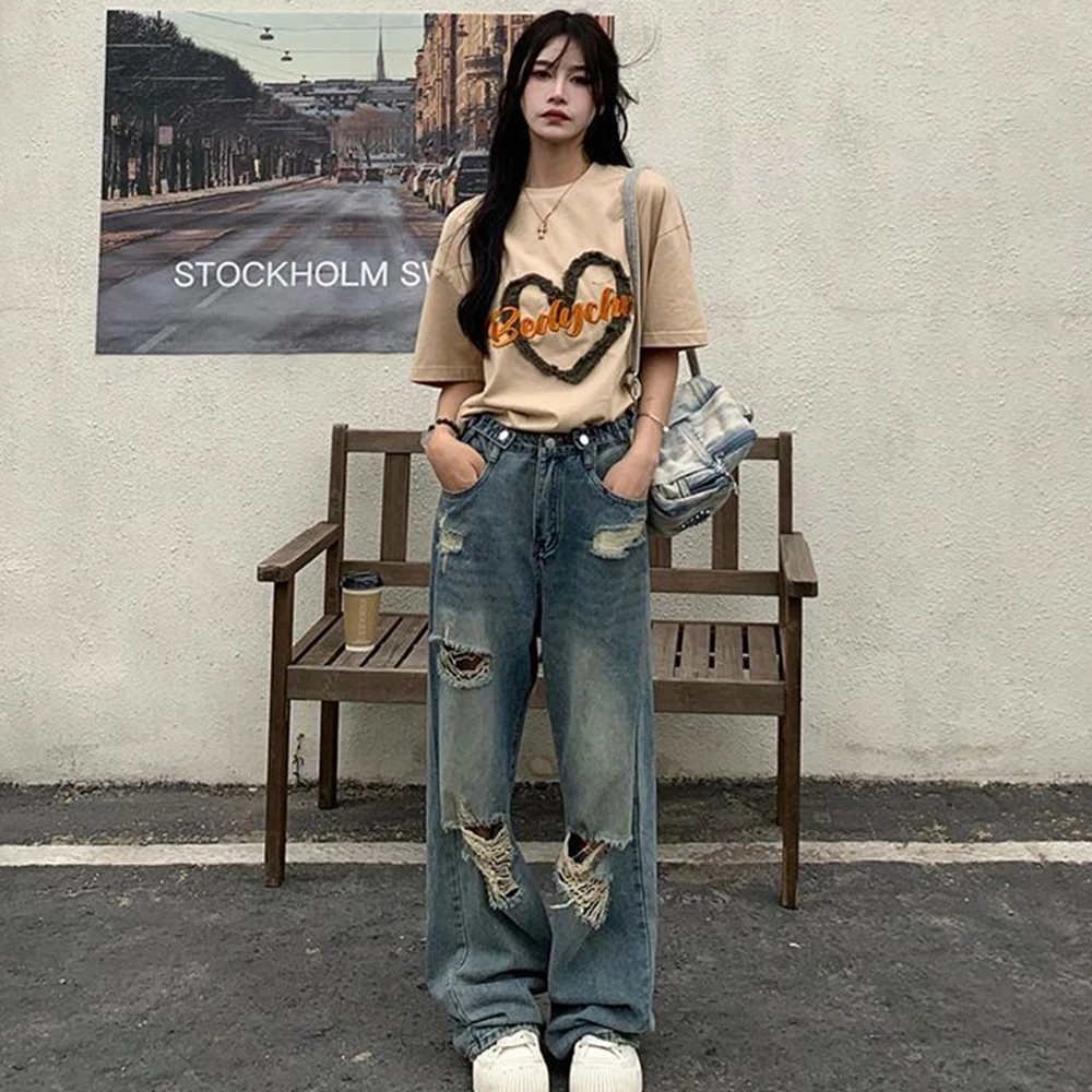 American Retro Hole-punched Jeans Women High Waist Straight-crotch Loose Slim Design High-street Vibe Wide-legged Dragging Pants thumbnail 5