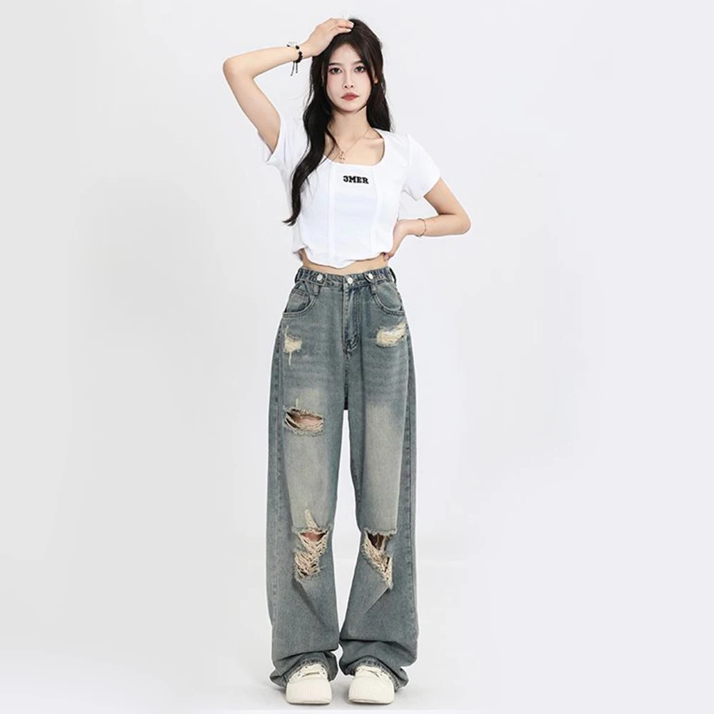 American Retro Hole-punched Jeans Women High Waist Straight-crotch Loose Slim Design High-street Vibe Wide-legged Dragging Pants thumbnail 3