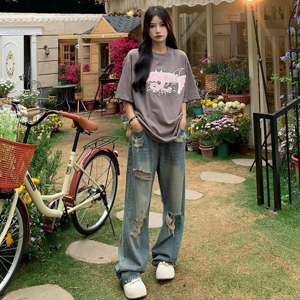 American Retro Hole-punched Jeans Women High Waist Straight-crotch Loose Slim Design High-street Vibe Wide-legged Dragging Pants thumbnail 4