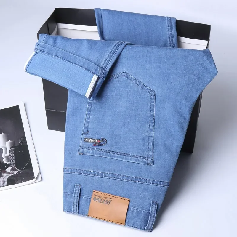 New Ice Silk Thin Denim Jeans For Men Blue Straight Stretch Cotton Pants Business Casual Lightweight Trousers Spring Summer thumbnail 5