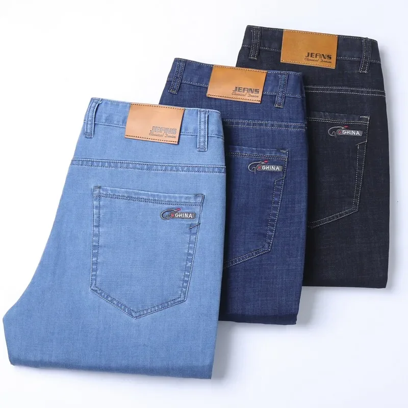 New Ice Silk Thin Denim Jeans For Men Blue Straight Stretch Cotton Pants Business Casual Lightweight Trousers Spring Summer thumbnail 4