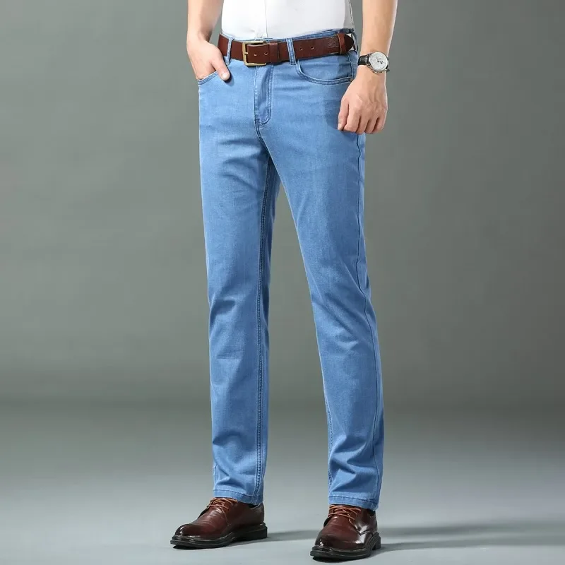 New Ice Silk Thin Denim Jeans For Men Blue Straight Stretch Cotton Pants Business Casual Lightweight Trousers Spring Summer thumbnail 2