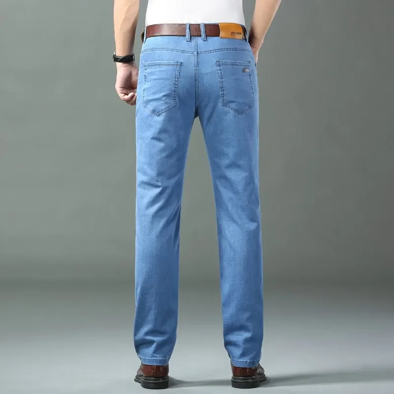 New Ice Silk Thin Denim Jeans For Men Blue Straight Stretch Cotton Pants Business Casual Lightweight Trousers Spring Summer thumbnail 3