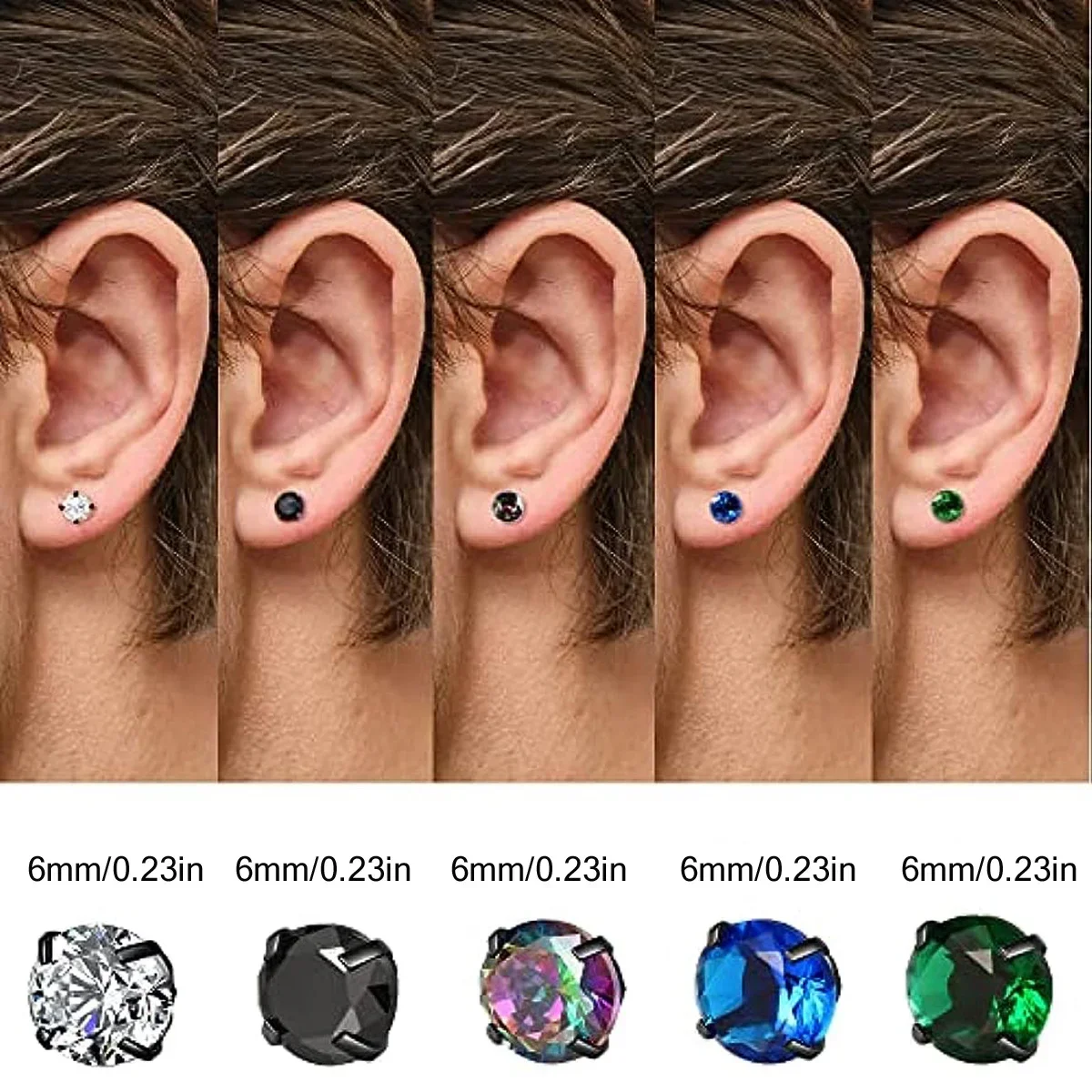 Glamorous Stainless Steel & Zircon Stud Earrings for Men – Hypoallergenic 5-Pairs Set, Durable & Versatile thumbnail 4