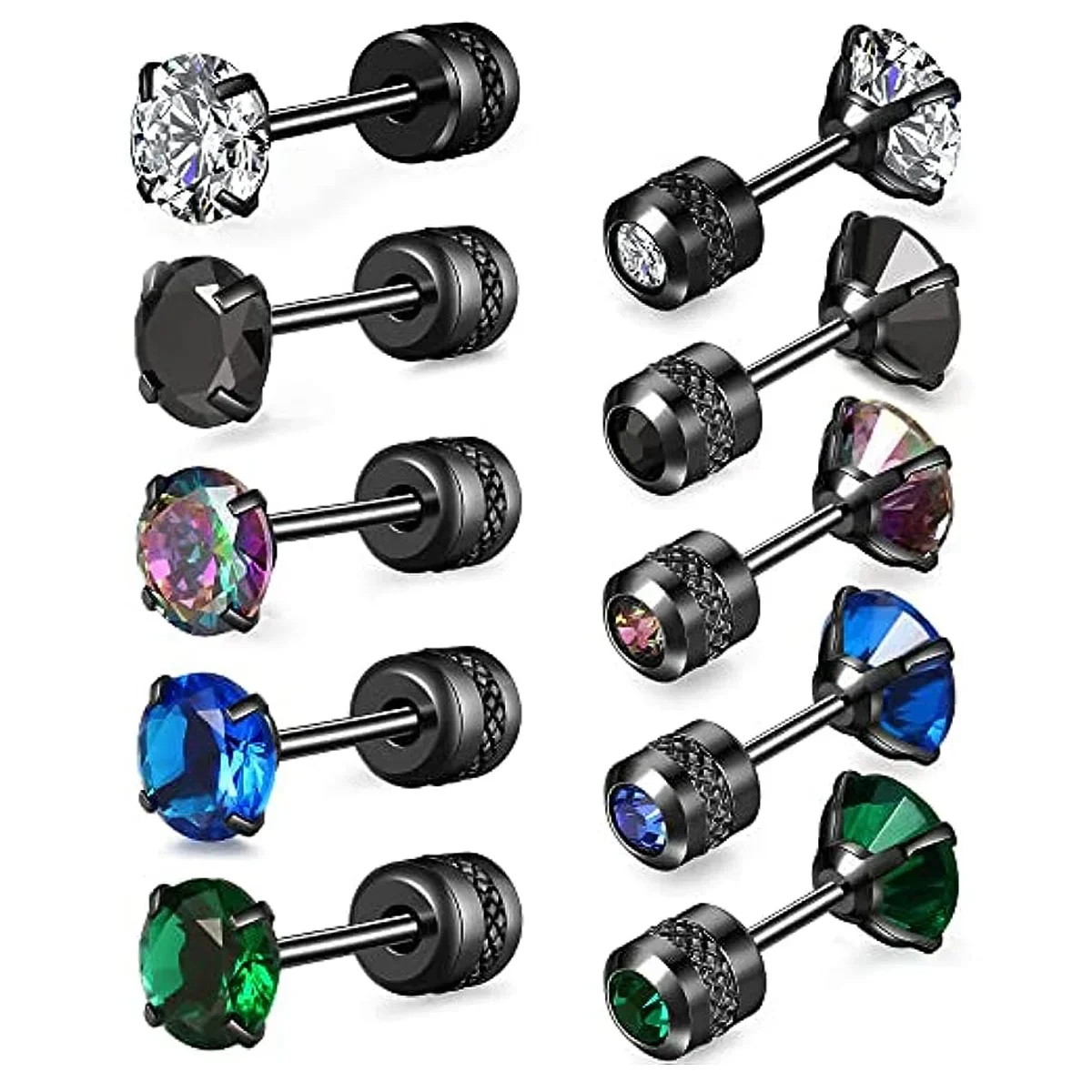 Glamorous Stainless Steel & Zircon Stud Earrings for Men – Hypoallergenic 5-Pairs Set, Durable & Versatile thumbnail 2
