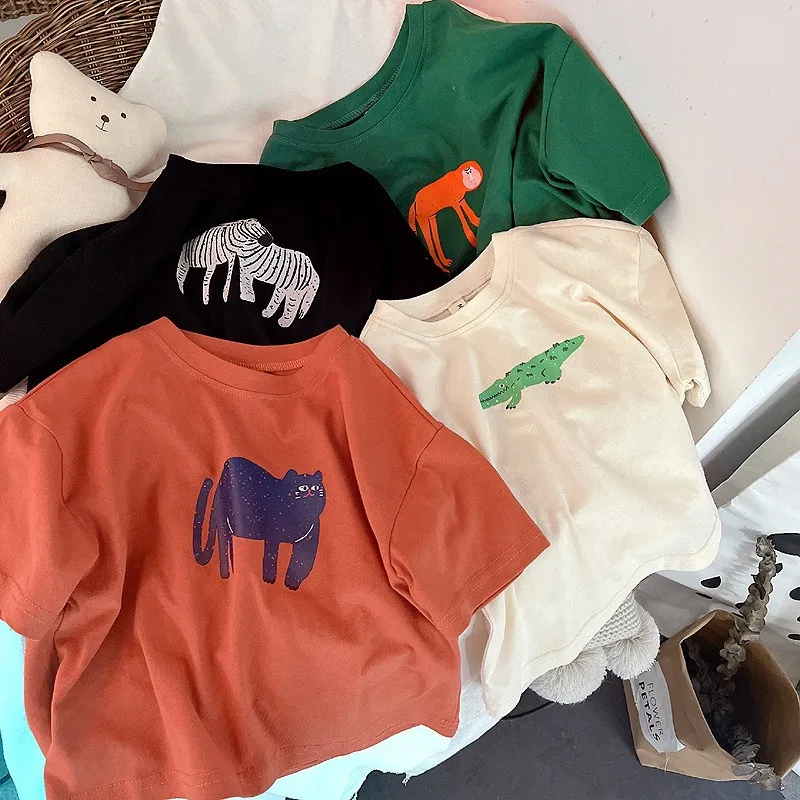 Animal Pattern Baby Boys Girls Short Sleeve Tops Kids Tees Summer Clothing Loose Fashion Trendy Children's Wear T-shirt O-neck thumbnail 2