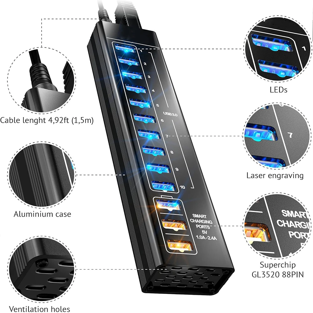 7/13 Ports USB Hub 3.0 5Gbps Aluminum LED Light USB A 3.0 hub Splitter Extension Dock 5V Power Adapter for Laptop Desktop thumbnail 3