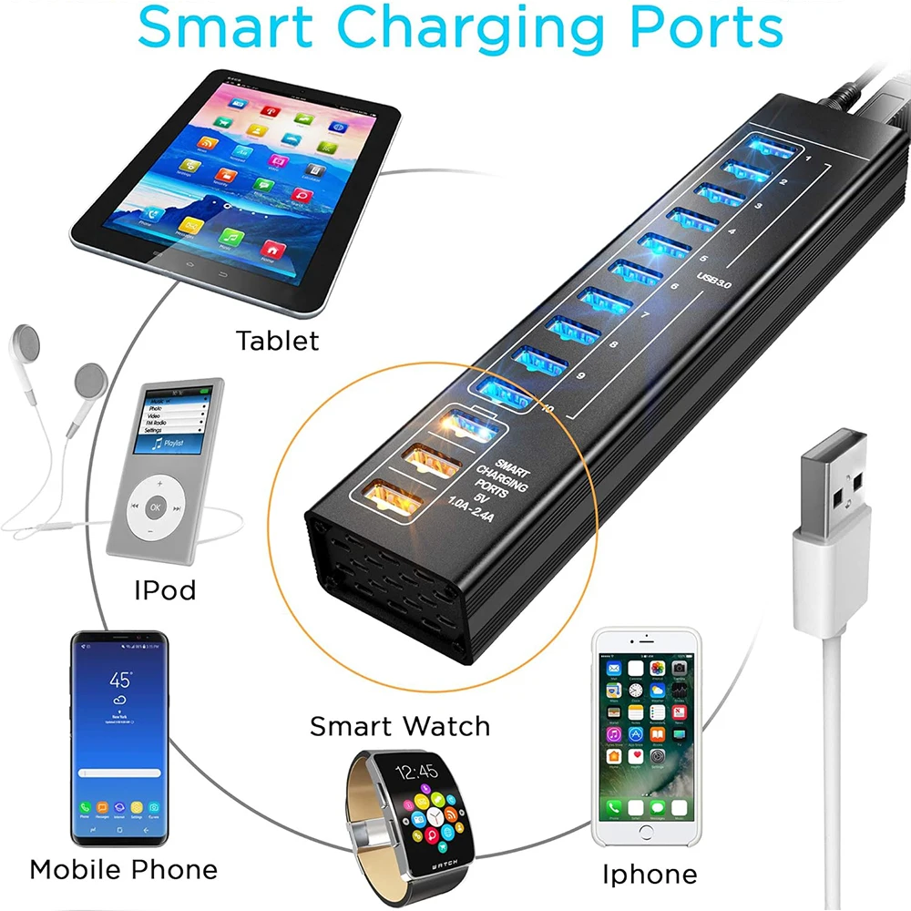 7/13 Ports USB Hub 3.0 5Gbps Aluminum LED Light USB A 3.0 hub Splitter Extension Dock 5V Power Adapter for Laptop Desktop thumbnail 4