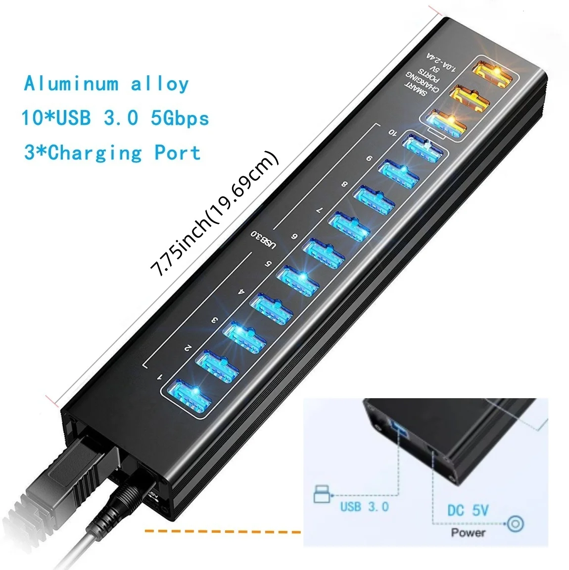 7/13 Ports USB Hub 3.0 5Gbps Aluminum LED Light USB A 3.0 hub Splitter Extension Dock 5V Power Adapter for Laptop Desktop thumbnail 2