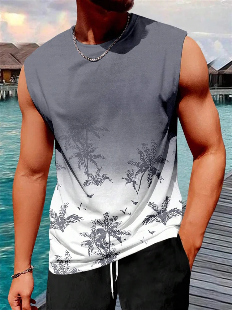 Stylish Men's Vacation Hawaiian Vest Gradient Coconut Print Casual Yacht Party Vest Plus Size Mens Resort Breathable T-Shirt Top thumbnail 3