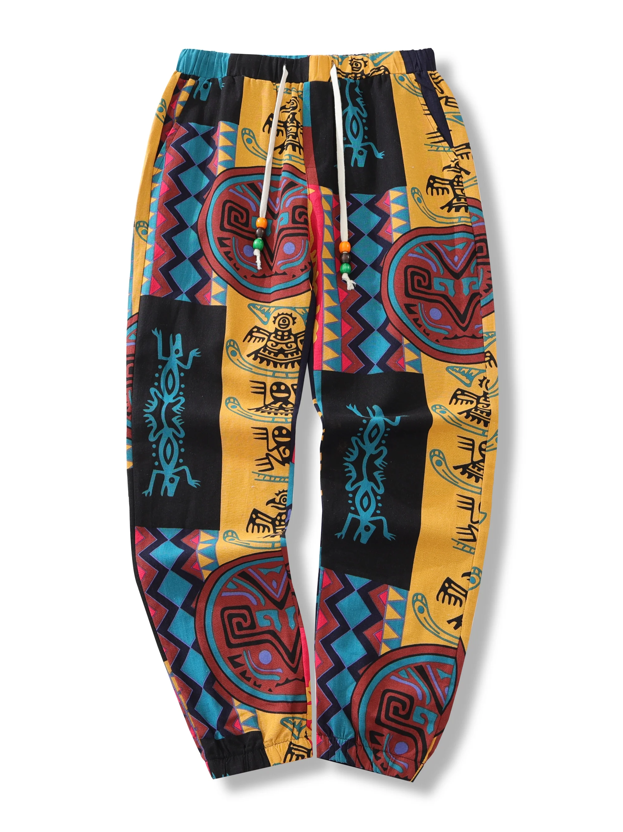 Mens Boho Tribal Print Stretch Linen Pnats Cotton Blend Drawstring LightWeight Trousers with Pockets Summer Jogger Pants thumbnail 2