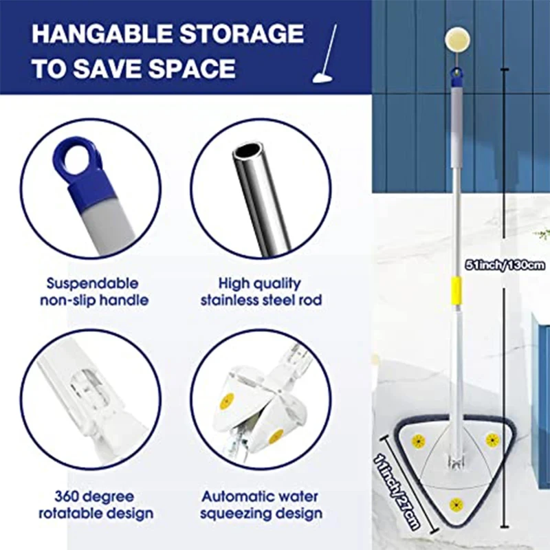 UNTIOR Telescopic Triangle Mop 360° Rotatable Spin Cleaning Mop Squeeze Wet and Dry Use Water Absorption Home Floor Tools thumbnail 6