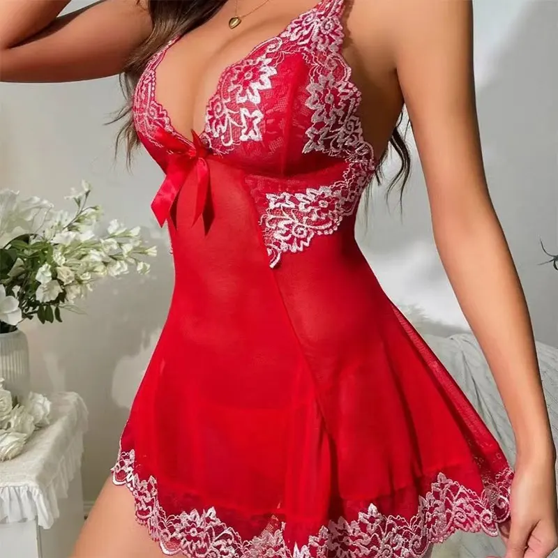 Plus Size Pajamas For Women's Sleepwear Sexy Deep V Erotic Dresses Exquisite Embroidery Mini Short Skirt Babydoll Open Nightgown thumbnail 4