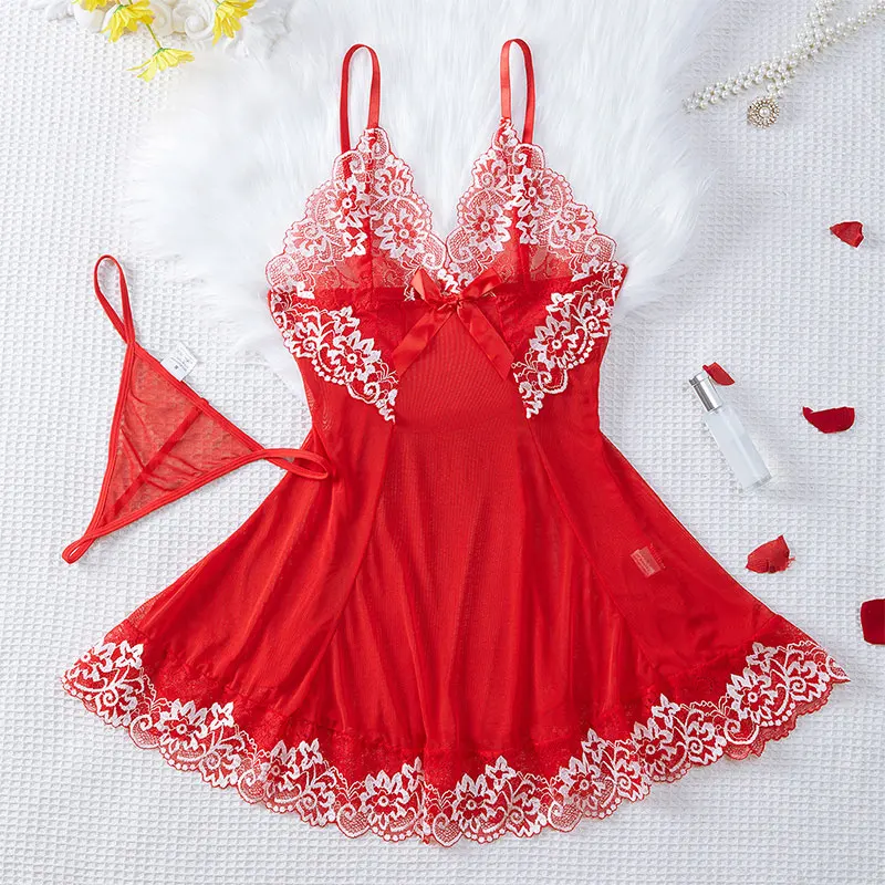 Plus Size Pajamas For Women's Sleepwear Sexy Deep V Erotic Dresses Exquisite Embroidery Mini Short Skirt Babydoll Open Nightgown thumbnail 5