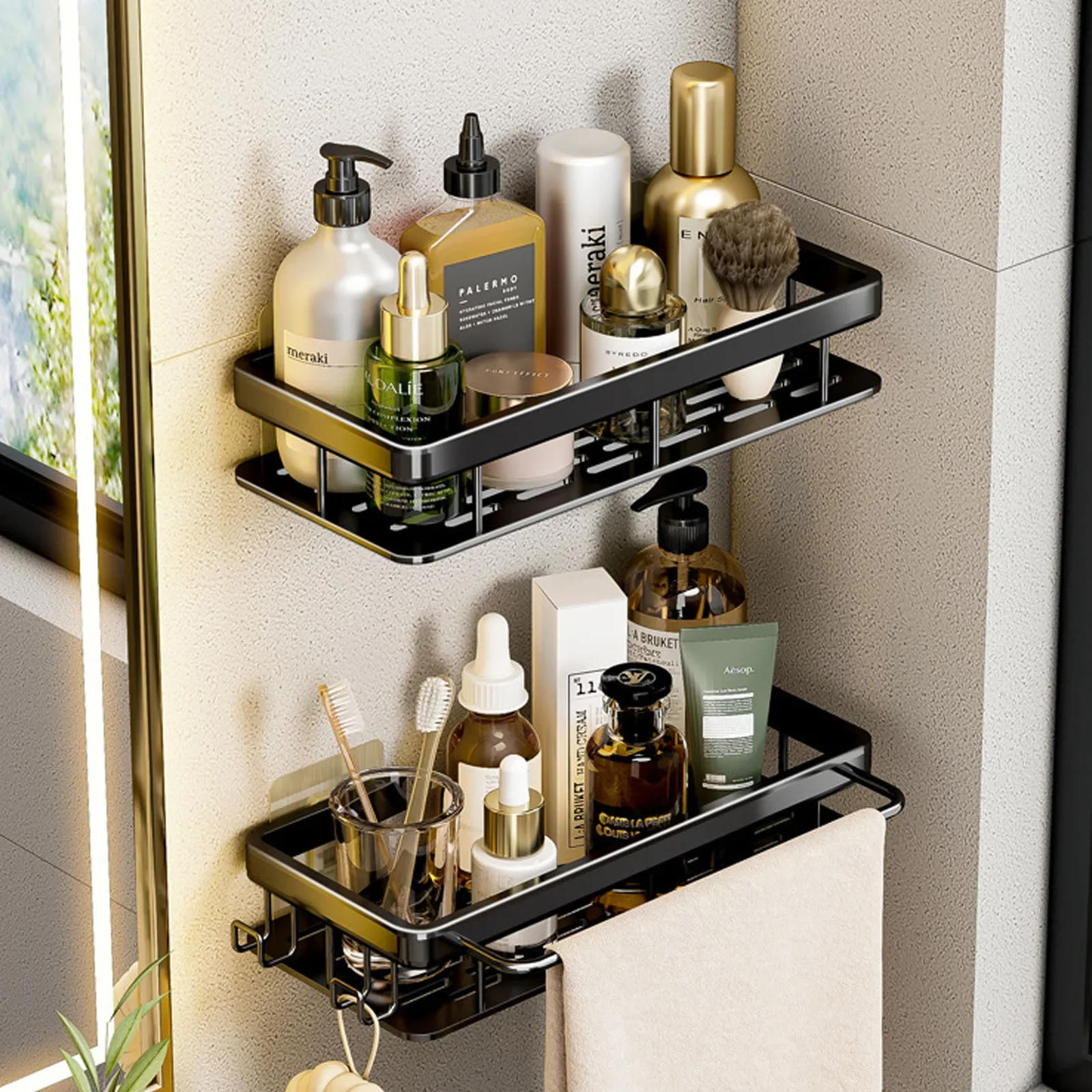 Bathroom Shelf No Drill Wall Mounted Shampoo Bottle Shower Corner Rack Toilet Storage Rack Aluminum Bathroom Kitchen Accessories thumbnail 2