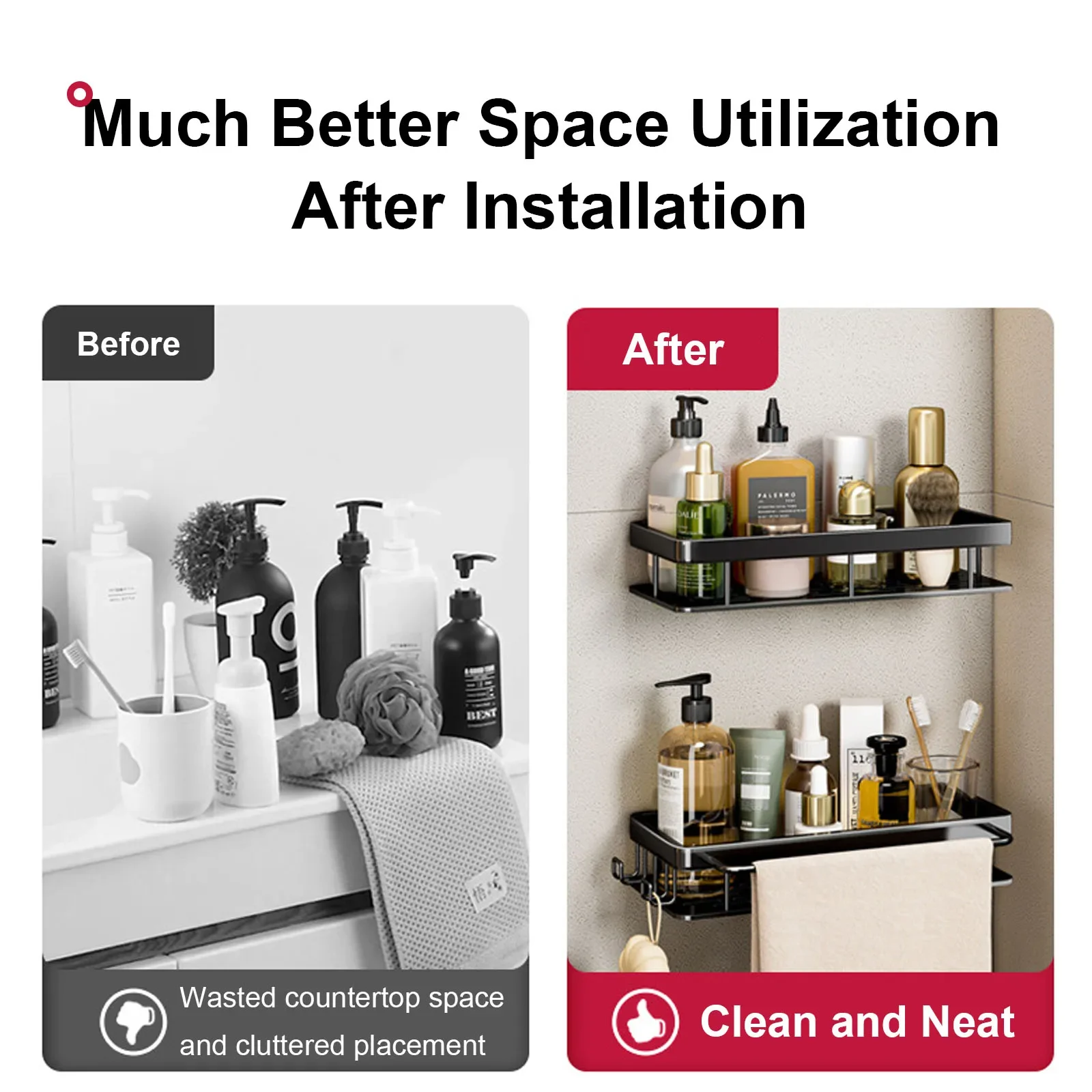Bathroom Shelf No Drill Wall Mounted Shampoo Bottle Shower Corner Rack Toilet Storage Rack Aluminum Bathroom Kitchen Accessories thumbnail 4