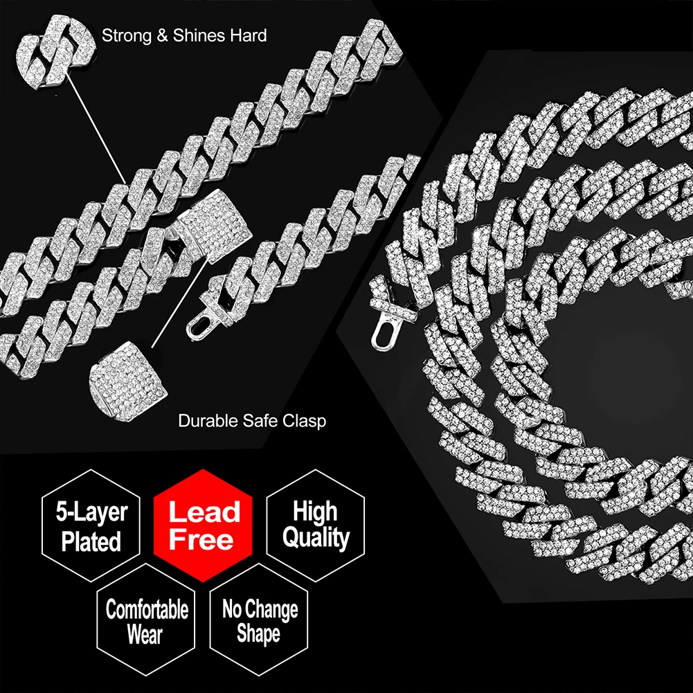 14mm Iced Out  Prong Cuban Link Chain Necklace for Men Women 2 Row Rhinestone Paved Miami Rhombus Hip Hop Jewelry Wholesale thumbnail 5