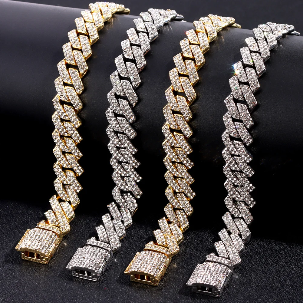 14mm Iced Out  Prong Cuban Link Chain Necklace for Men Women 2 Row Rhinestone Paved Miami Rhombus Hip Hop Jewelry Wholesale thumbnail 3