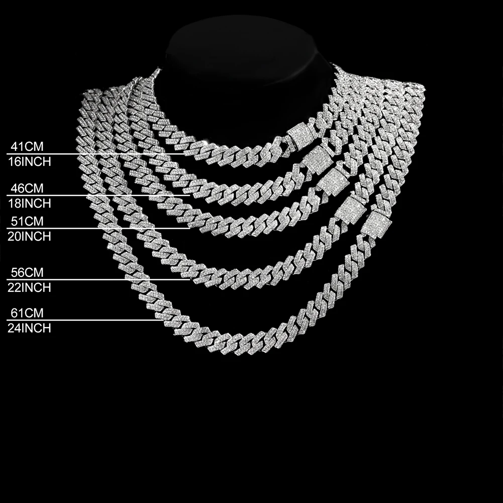 14mm Iced Out  Prong Cuban Link Chain Necklace for Men Women 2 Row Rhinestone Paved Miami Rhombus Hip Hop Jewelry Wholesale thumbnail 4